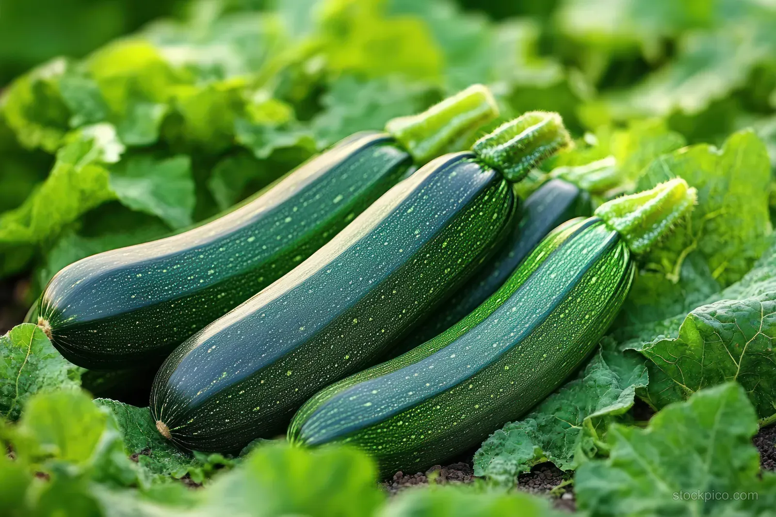 Three fresh green zucchinis rest on leafy garden plants with visible stems and textured skin.