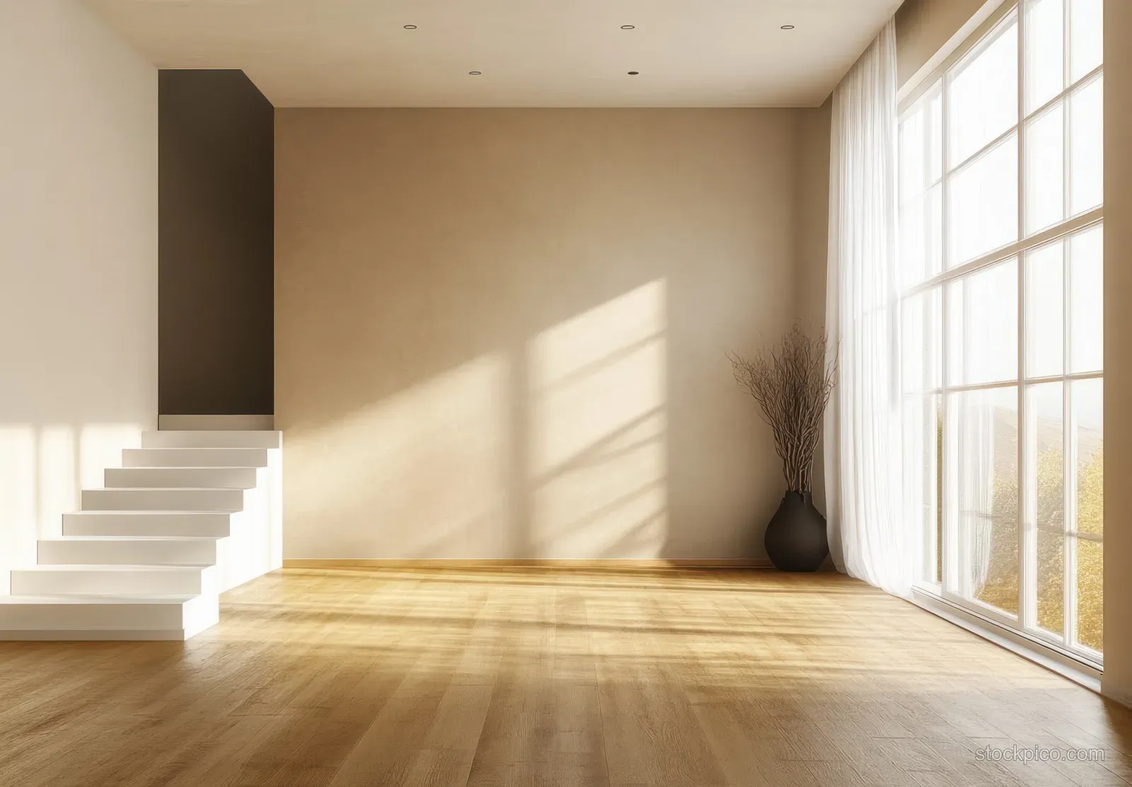 Sunlit minimalist living room with wooden parquet floor, large windows, and soft shadows across the empty space.