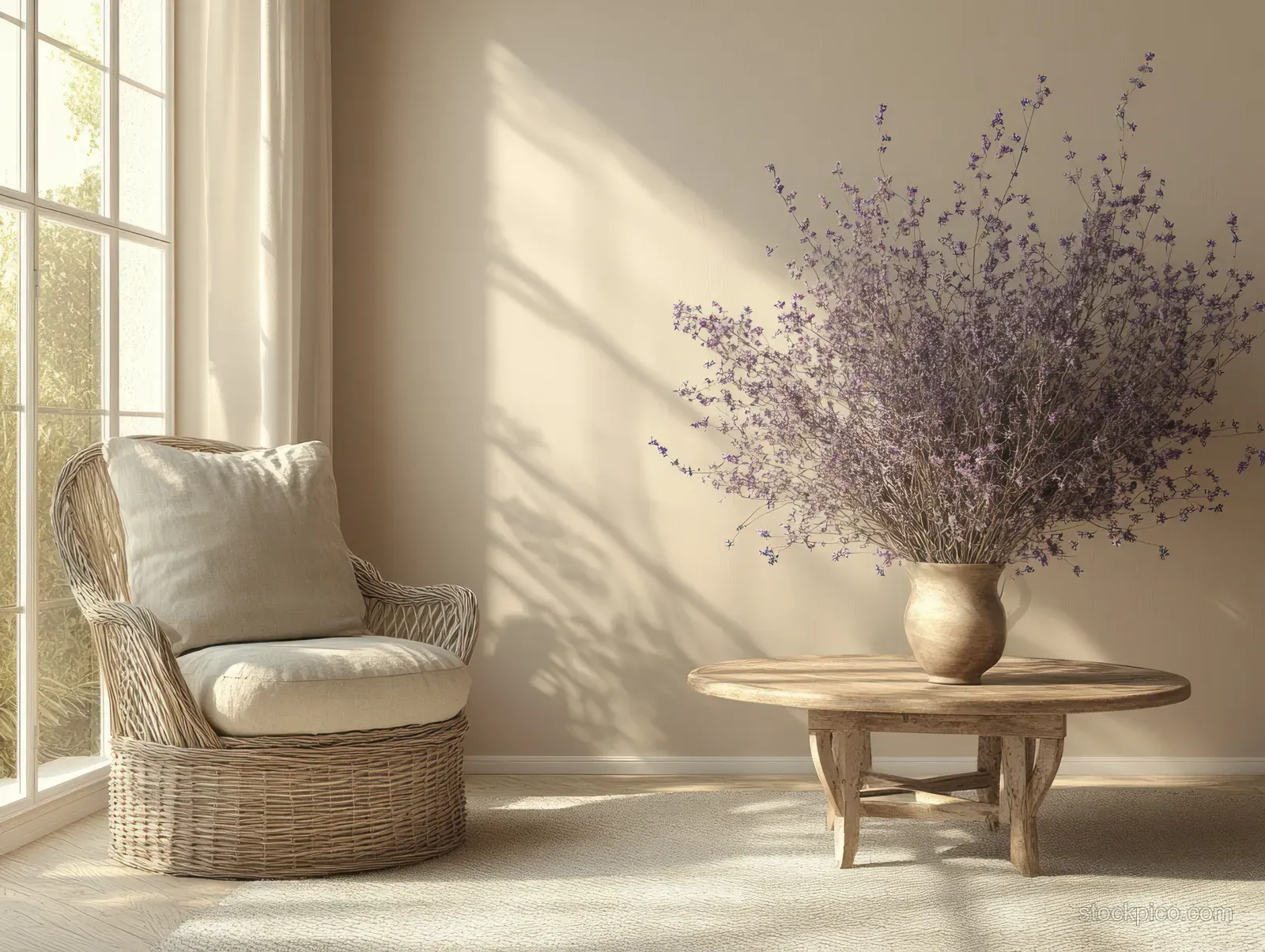 Minimalist living room corner with a beige armchair, wooden side table, and dried lavender flowers lit by window light.