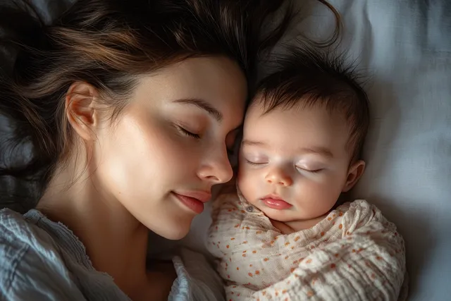 A mother lies on a bed holding her newborn wrapped in a light blanket during a quiet intimate moment.