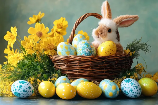 Fluffy bunny in a wicker basket next to decorated Easter eggs and bright yellow flowers.