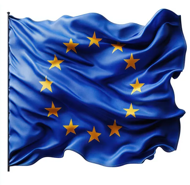 Waving dark blue flag with twelve golden stars in a circle