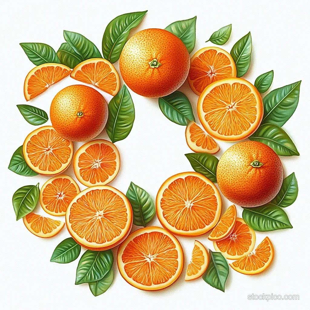 Whole oranges and orange slices arranged in a circular wreath with green leaves on a white background.