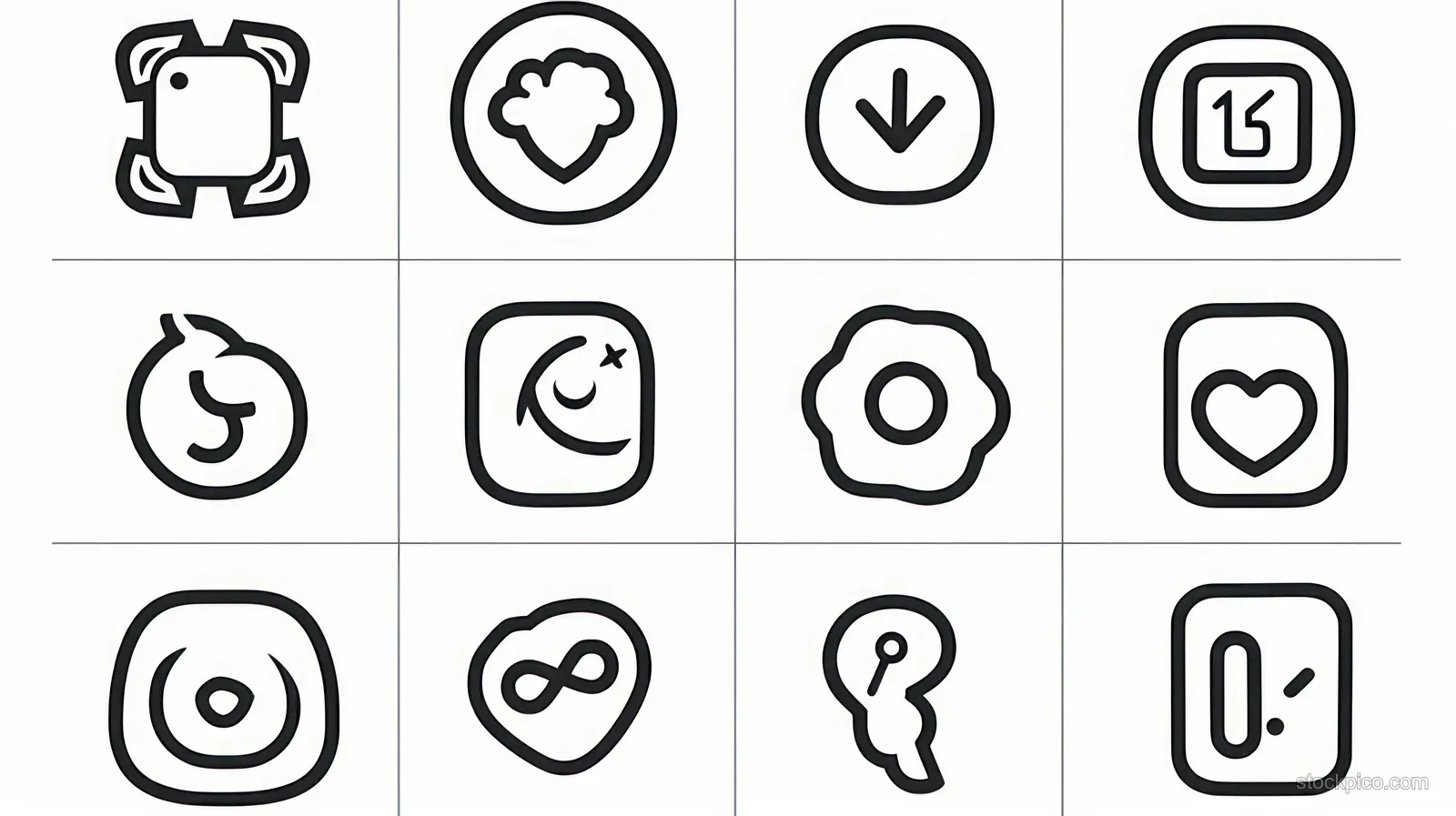 Grid of hand-drawn social media icons in black line art on a light background.