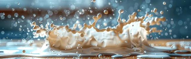 Milk splashing upward as white liquid pours against a blue isolated background with copy space