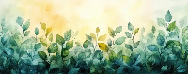 Watercolor green leaves and twigs forming a soft botanical border