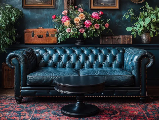 Tufted leather sofa in a dark room with a floral coffee table and vintage suitcases in the background.