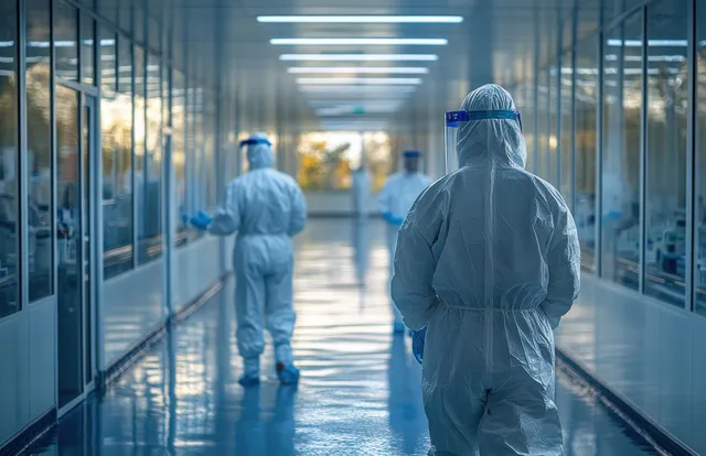 Two pharmaceutical workers in white lab coats walk and talk down a sterile production corridor under bright ceiling lights.