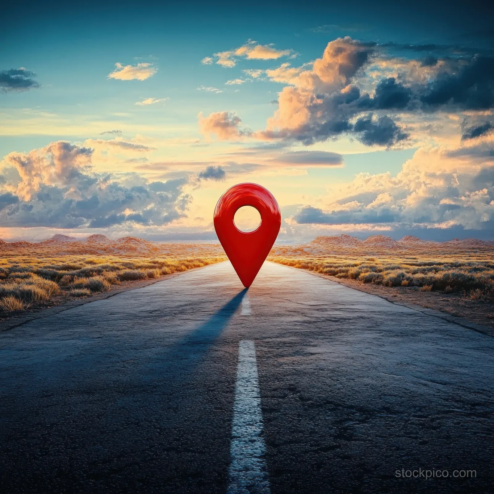 A deserted road at sunset leads toward a giant red location pin above the asphalt, with long shadows across the horizon.