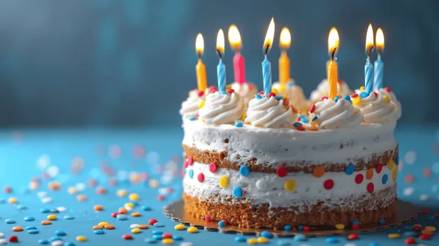 Birthday cake with white frosting, colorful sprinkles, and lit candles on blue background with Warming Candle Glow