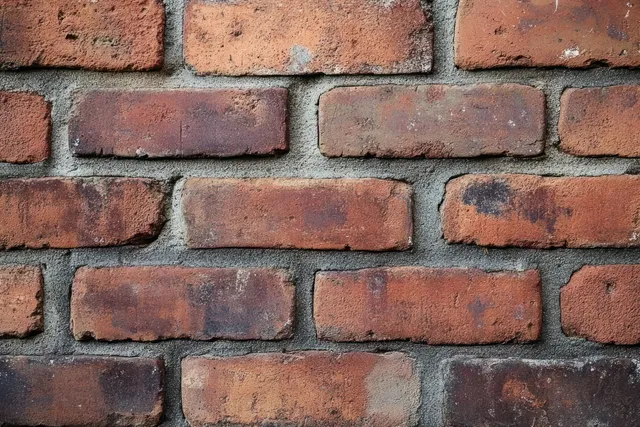Close-up of a weathered red brick wall with rough mortar between bricks and visible color differences.