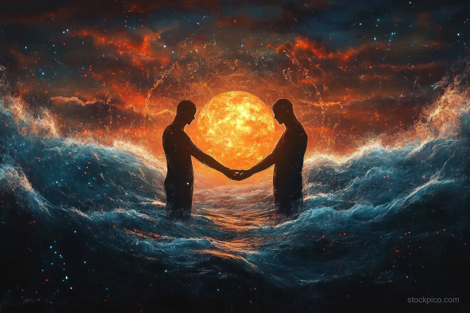 Two silhouetted figures hold hands above turbulent ocean waves as a glowing orb shines between them under a fiery sky.