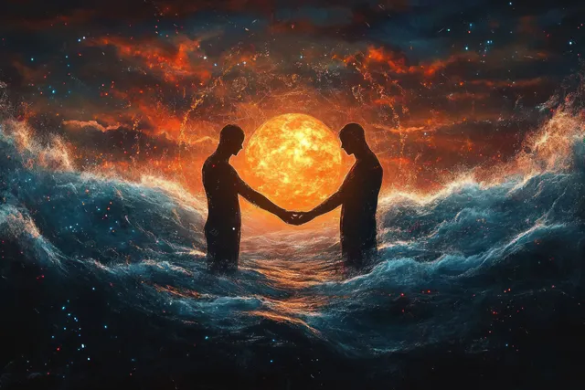 Two silhouetted figures hold hands above turbulent ocean waves as a glowing orb shines between them under a fiery sky.