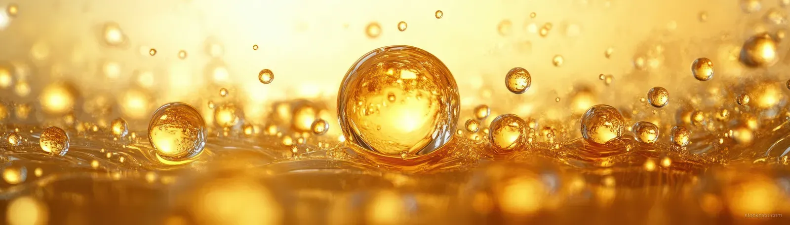 Golden oil droplets suspended in warm glowing fluid with small bubbles in a macro view.