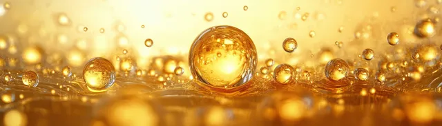 Golden oil droplets suspended in warm glowing fluid with small bubbles in a macro view.