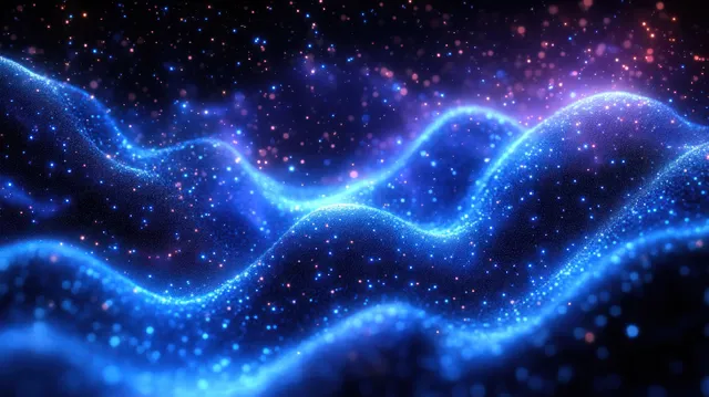A glowing blue light-particle waveform undulates across a dark cosmic background.