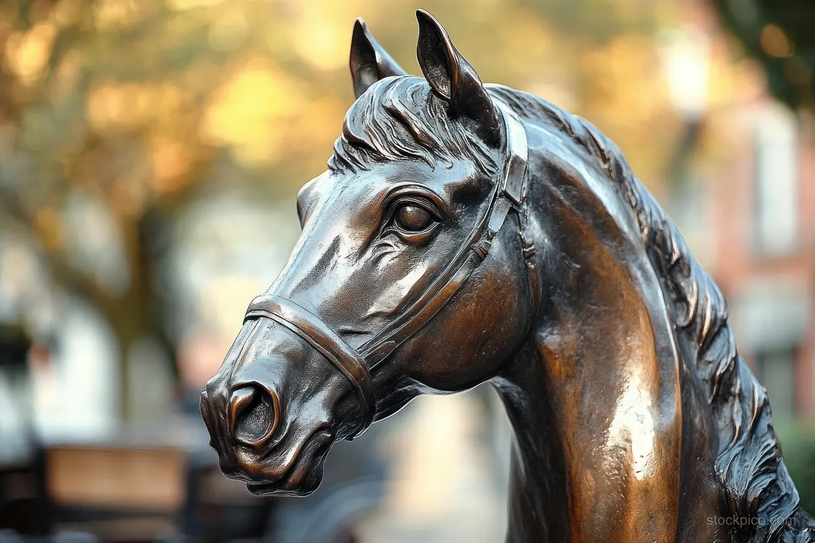 Bronze horse head sculpture close-up with detailed mane and bridle against a blurred autumn street background.
