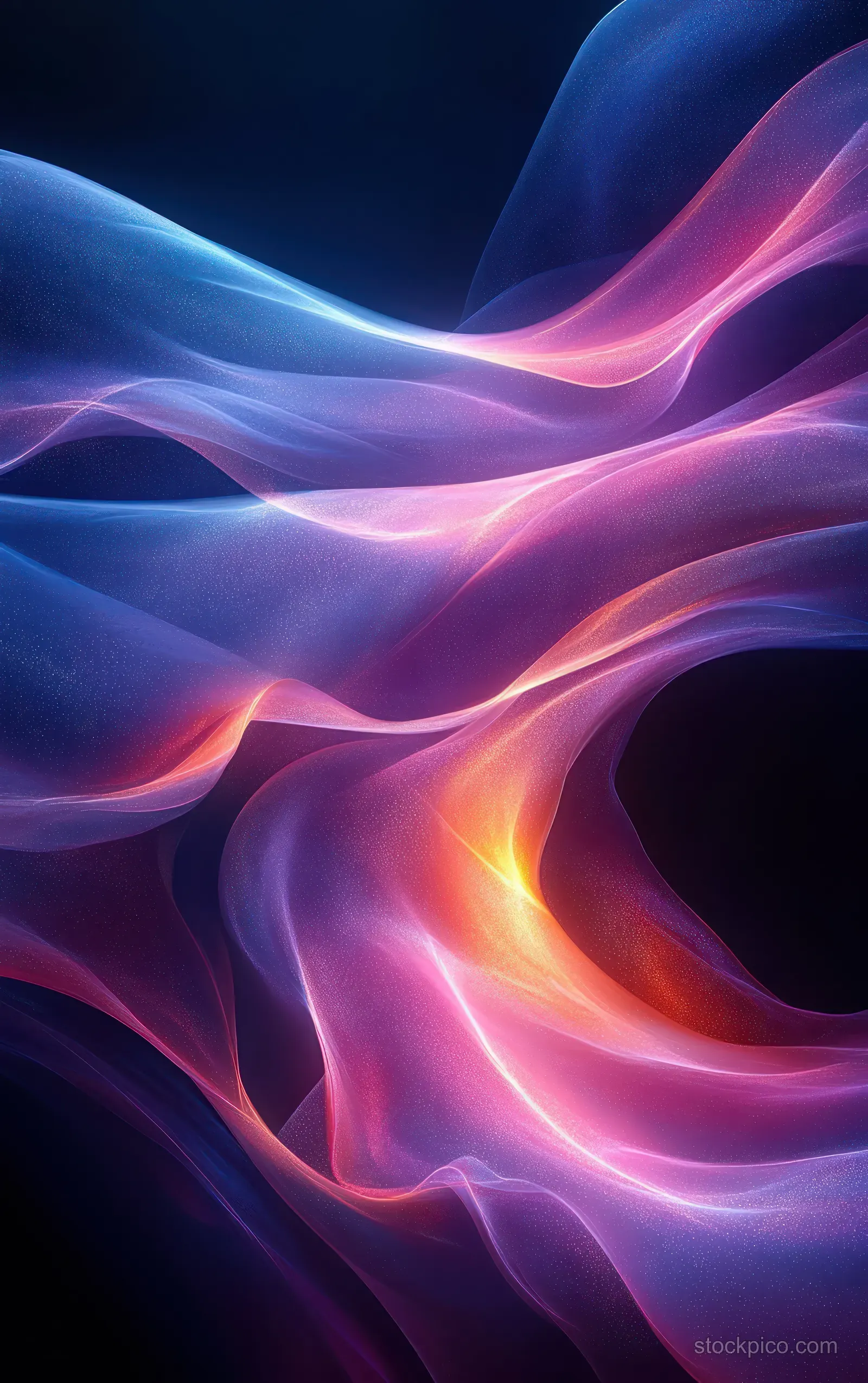 Glowing translucent wave ribbons swirl in blue, purple, pink, and orange against a dark background.