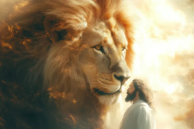 A human silhouette prays beside an ethereal lion figure under a glowing sky with a blurred cityscape.