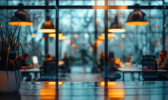 Blurred business people sit at desks behind a glass wall in a modern conference room with warm lights.