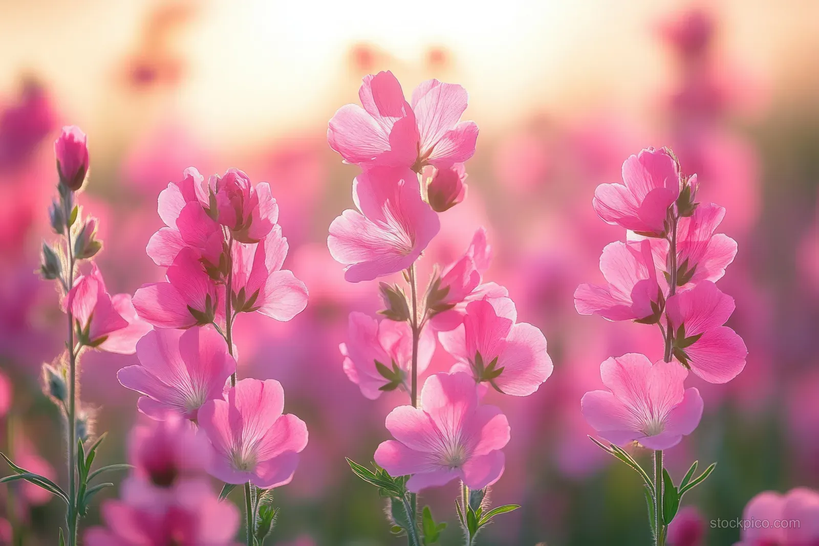 Pink blossoms on slender stems bloom in a sunlit garden with a soft bokeh background.