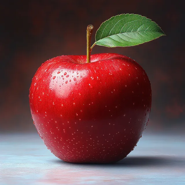 Red Apple with Green Leaf on Dark Studio Background