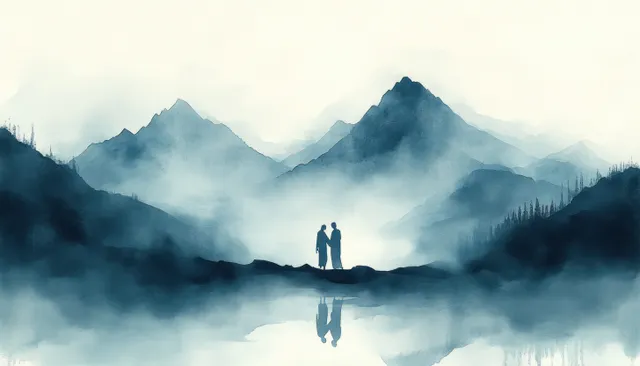 Jesus and Mary walk through misty mountains toward Calvary, watercolor-style compassion