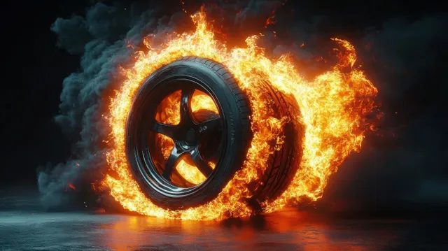 A car tire burns with orange flames and thick dark smoke over a wet, reflective surface.
