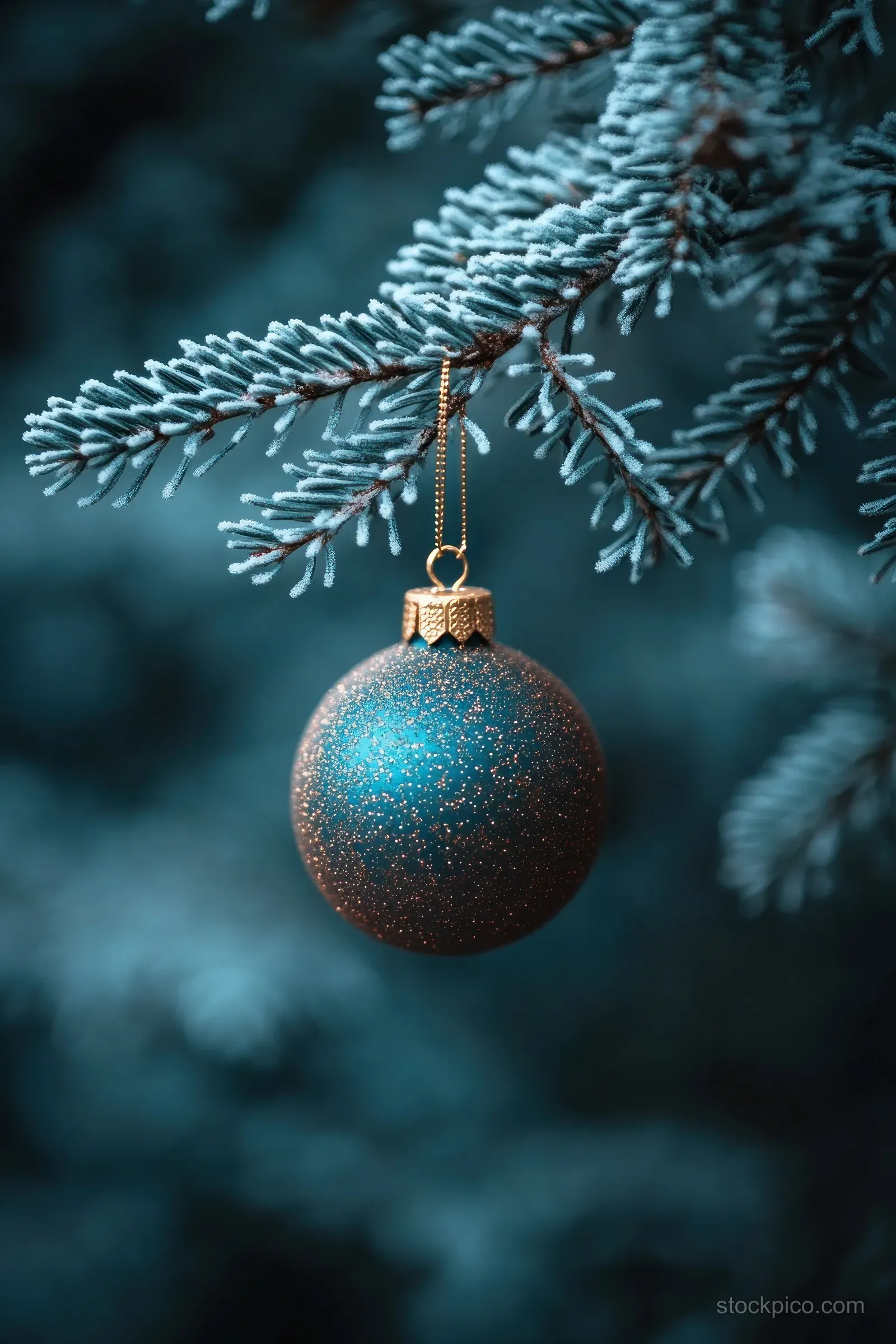 A blue glitter Christmas ornament hangs from a snowy pine branch with a softly blurred winter background.
