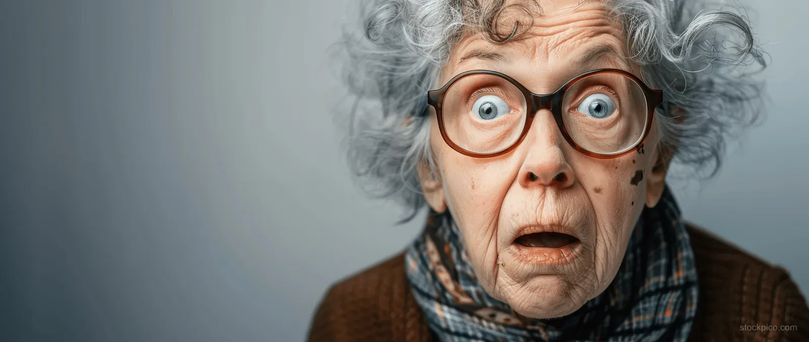 Senior woman with glasses looks surprised with an amused expression in a studio portrait.