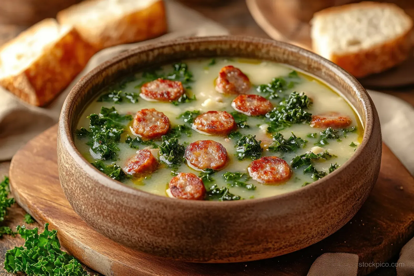 Creamy kale soup with browned sausage slices in a rustic bowl served with bread on a wooden board.