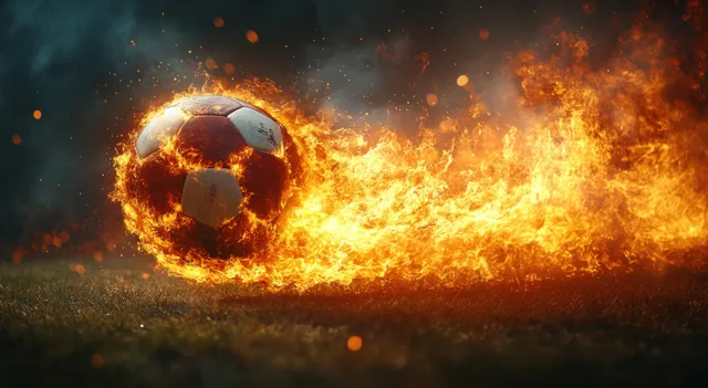 Burning American football flying through flames against a dark smoky background