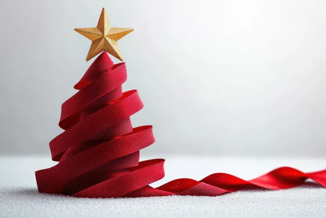 Minimalist Christmas ribbon tree with golden star and red bow on white background