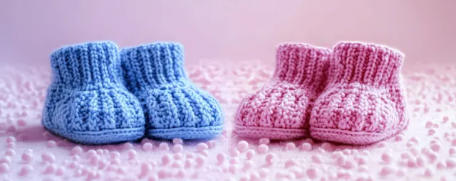 Pink and blue knitted baby booties lying on a soft pastel fabric background with tiny speckles.