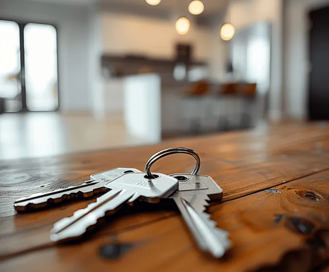 House keys rest on a wooden table as a bright apartment living room blurs in the background.