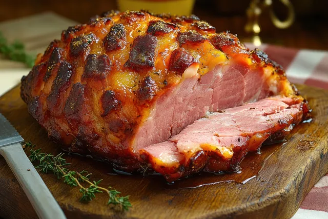 A roasted ham with visible slices rests on a rustic wooden platter beside a checkered cloth.