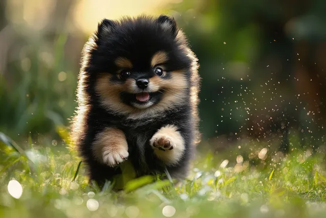 Fluffy black and tan puppy running through green grass with sparkling sunlight bokeh behind it.
