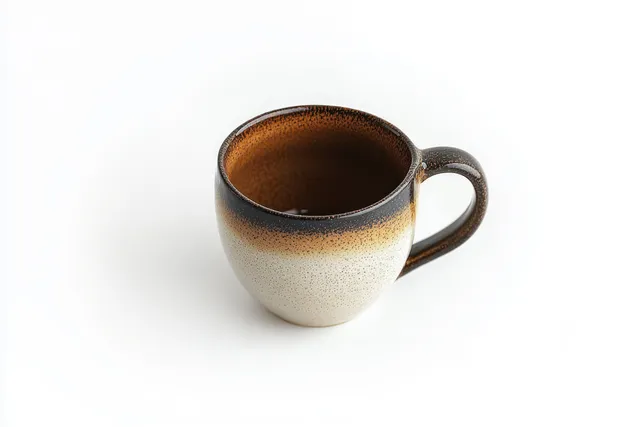 Ceramic coffee cup filled with dark brown coffee on white background, small gradient finish
