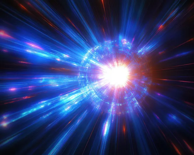 Colorful light burst radiates in a blue tunnel with a glowing central core