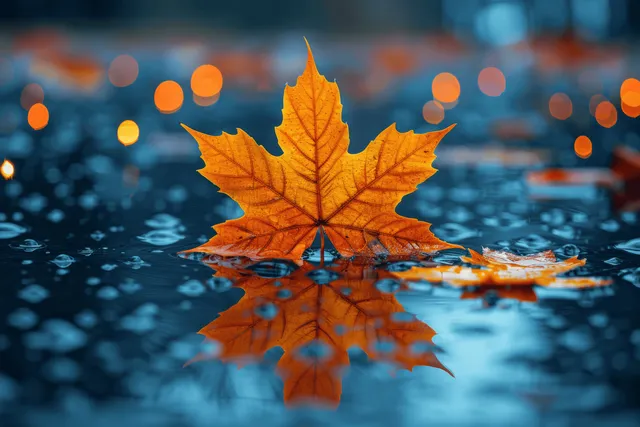 Yellow-orange maple leaf floating on rain-wet street water with glowing bokeh lights
