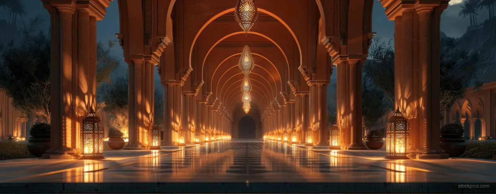 Lantern-lit Arabian palace corridor with arched columns and a reflecting pool at night.