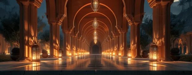 Lantern-lit Arabian palace corridor with arched columns and a reflecting pool at night.