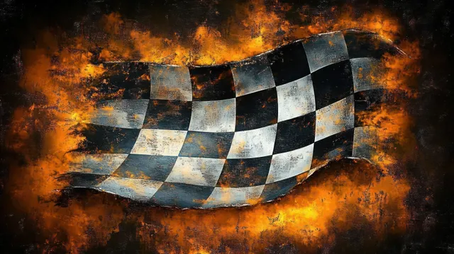 Black and white checkered flag waving over a fiery smoky orange rusty background.