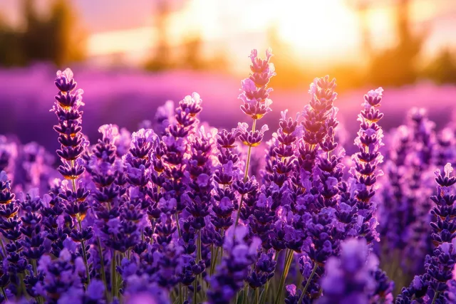 Purple lavender flower spikes glow in warm golden sunset light against a blurred lavender field.