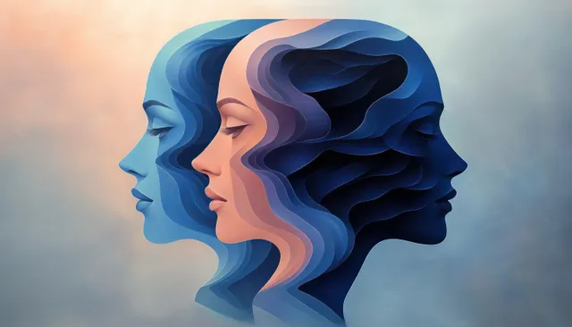 Three overlapping side-profile faces rendered in blue and peach layers against a soft gradient background.