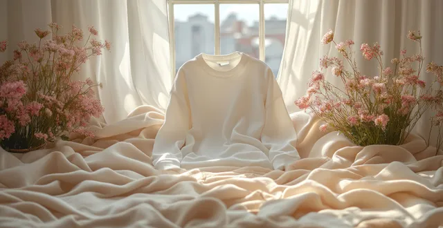 White long-sleeve shirt resting on wrinkled fabric with pink flowers near a bright window.