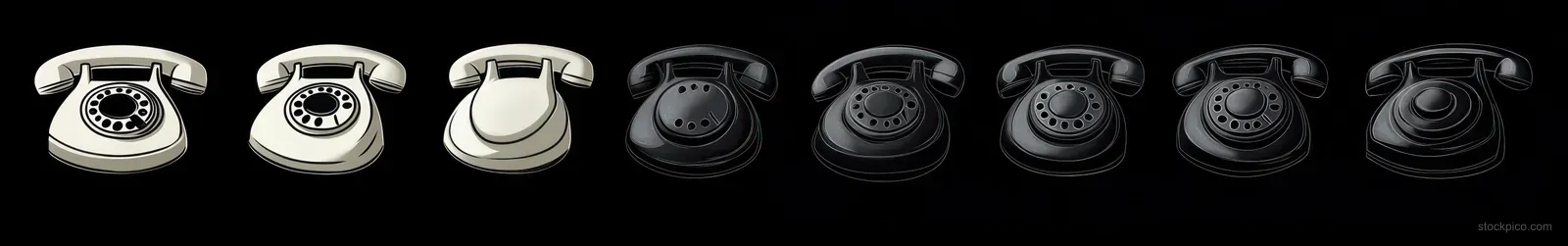 Vintage rotary dial telephones in white and black lined up on a black background showing multiple handset angles and shadows.