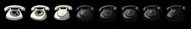 Telefones vintage de disco em branco e preto alinhados sobre um fundo preto, mostrando múltiplos ângulos dos fones e sombras.