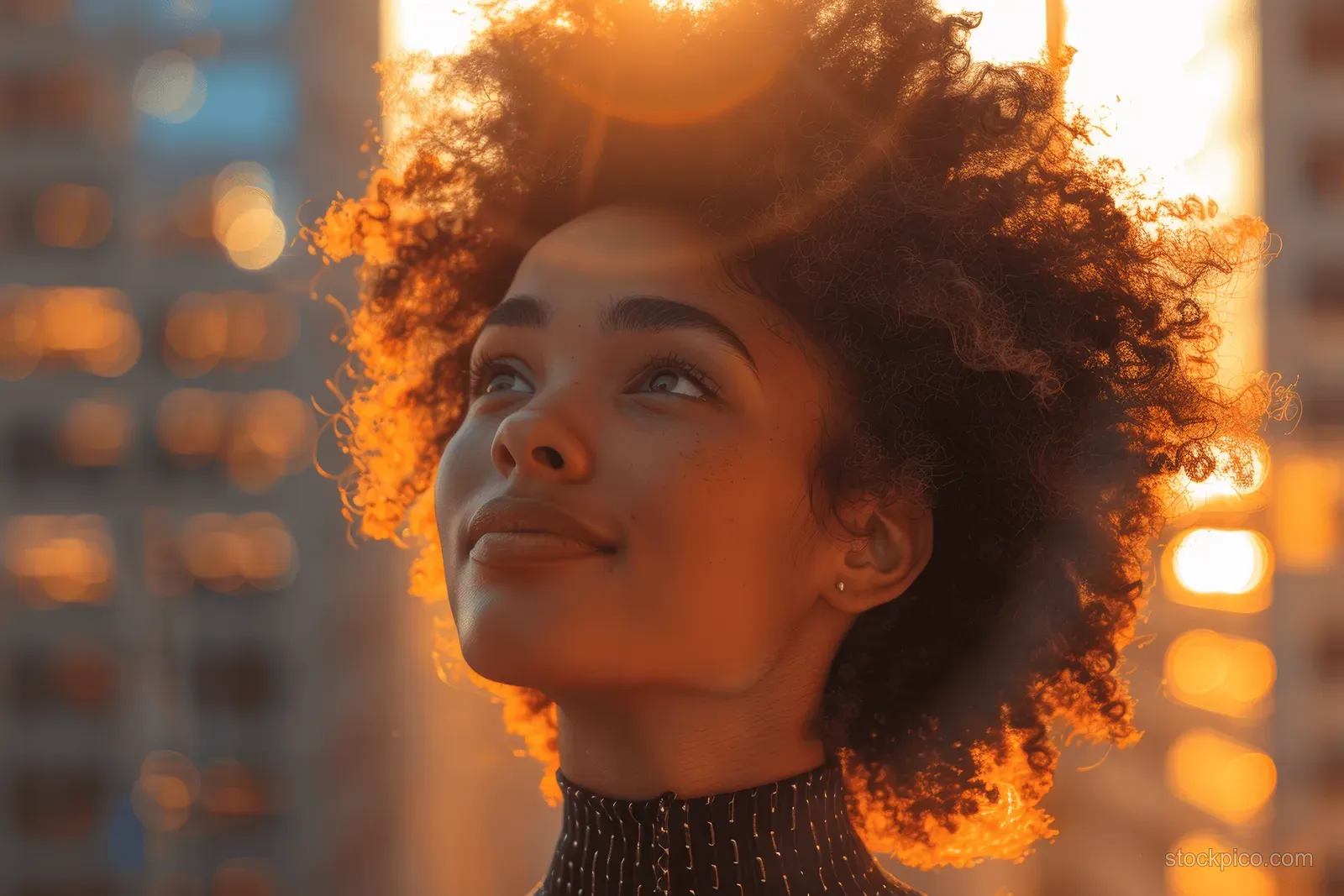 A curly-haired woman looks up in warm sunset light with a blurred city background.