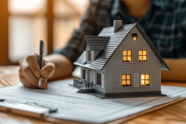 A real estate agent signs a house purchase contract with a miniature home model on paperwork at a desk.